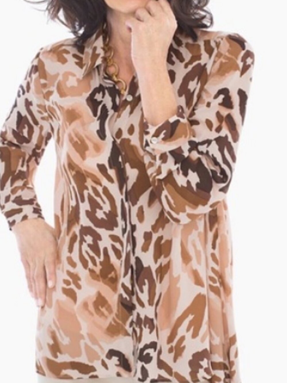 Chicos Semi Sheer Animal Print Tunic Button Front Top size 1